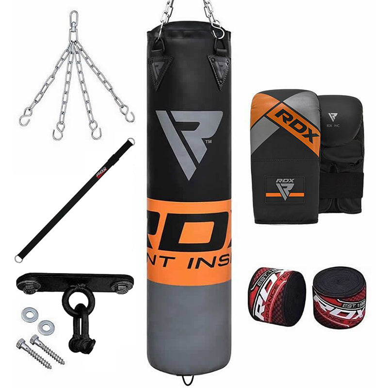 RDX black orange grey punching bag with chains & bag mitts