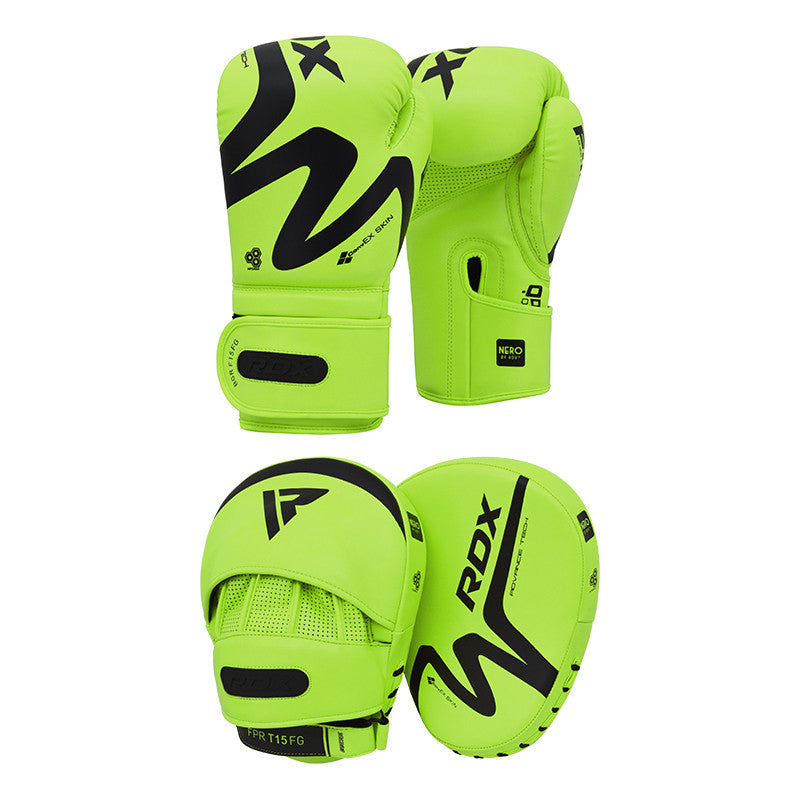 RDX green training gloves with focus pads