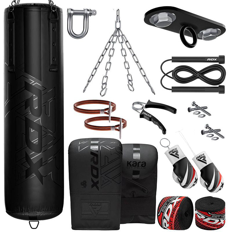 RDX F6 KARA 13pcs 4ft / 5ft Set Heavy Boxing Punch Bag & Mitts Home Gym Kit-4 ft-Black-Unfilled