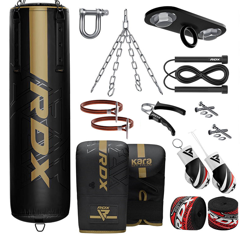 RDX F6 KARA 13pcs 4ft / 5ft Set Heavy Boxing Punch Bag & Mitts Home Gym Kit-5 ft-Golden-Unfilled