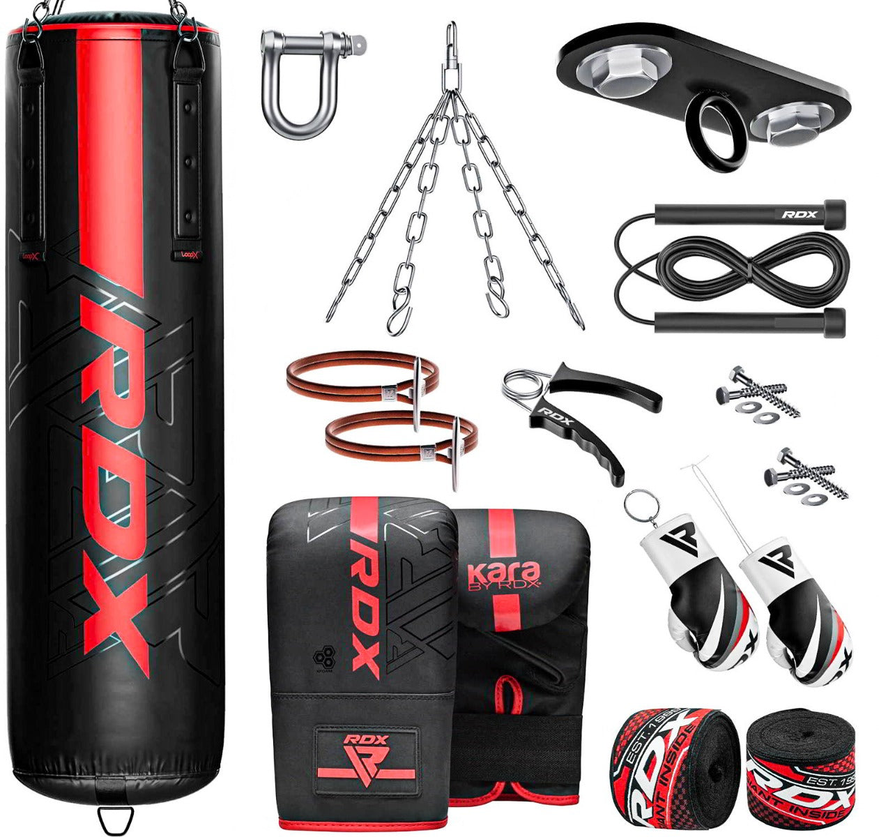 RDX F6 KARA 13pcs 4ft / 5ft Set Heavy Boxing Punch Bag & Mitts Home Gym Kit-4 ft-Red-Filled