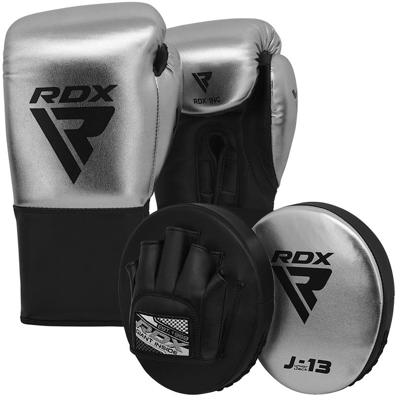 RDX J13 KIDS 8oz SILVER Boxing Gloves & Pads Set