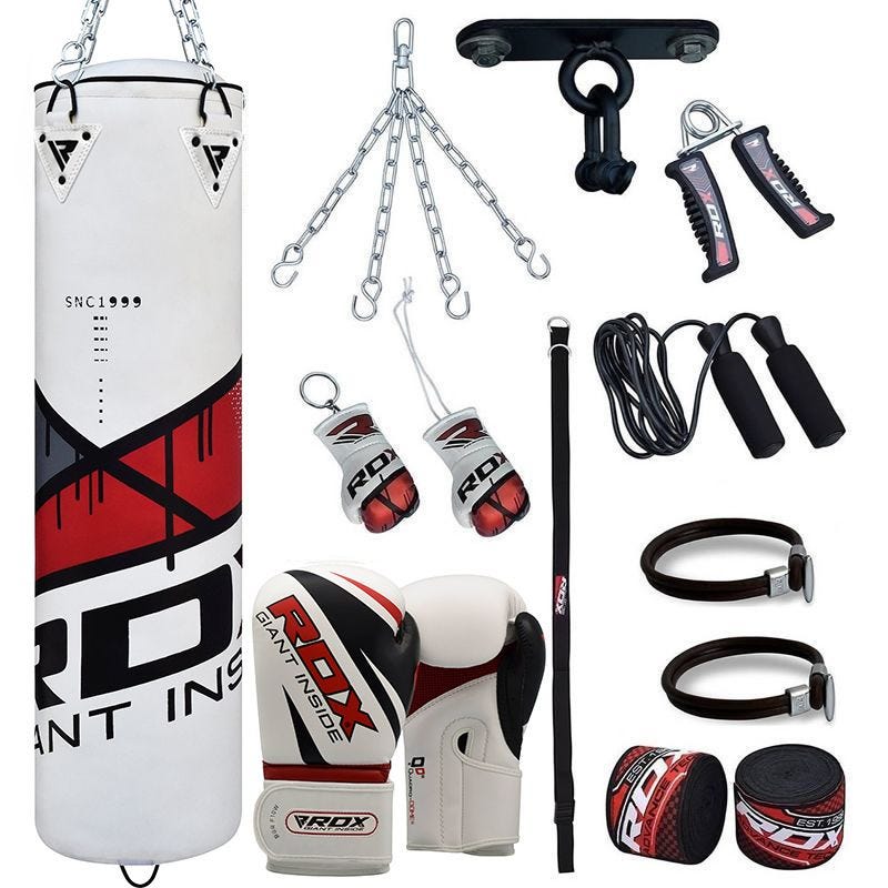 RDX F7 4ft 13-in-1 White Boxing Punch Bag & 12oz Gloves Cardio Workout Unfilled Heavy Training Equipment MMA Thai Kickboxing Set